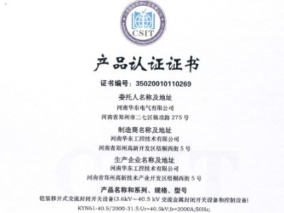HXGN箱型交流金屬封閉環(huán)網開關設備證書